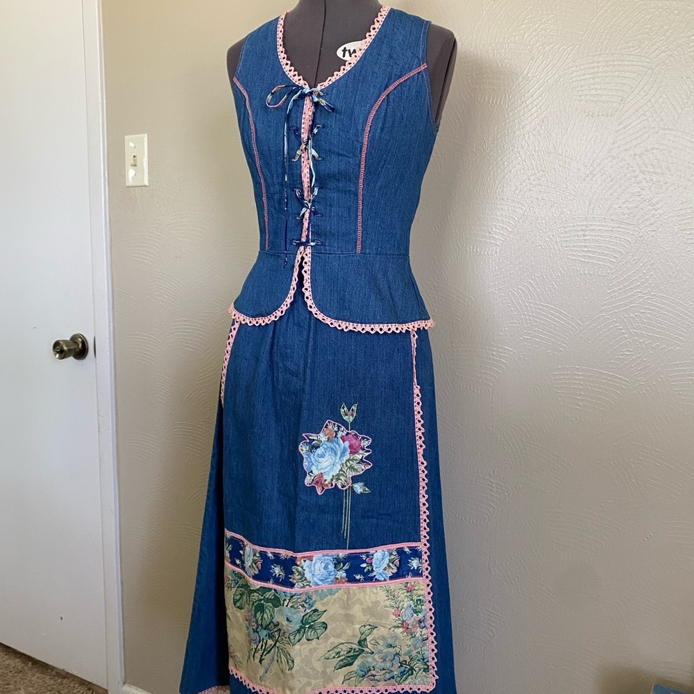 Vintage 1970s denim vest and skirt with embroidery